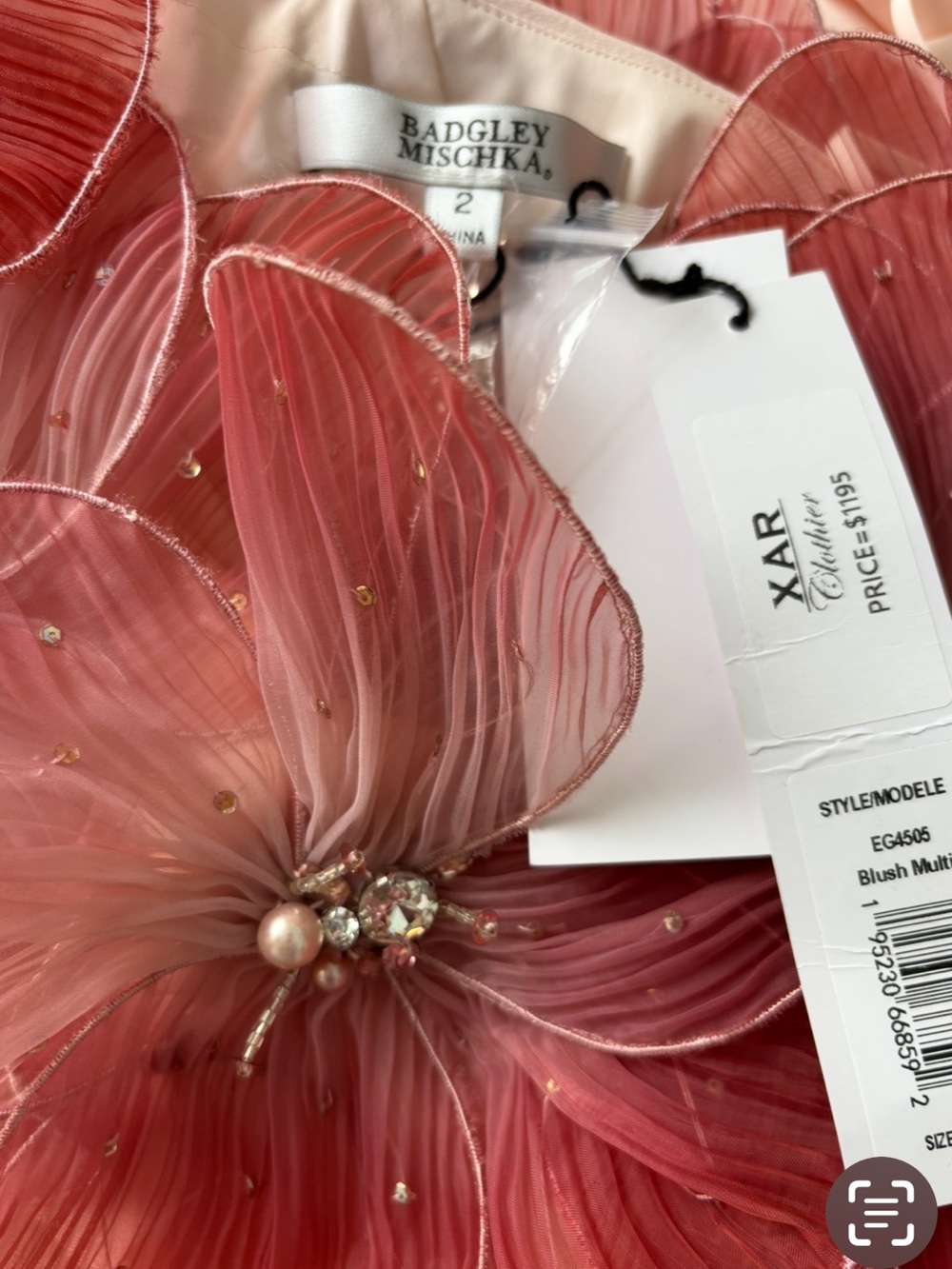 NWT Badgley Mischka 3D Floral Embellished One Shoulder Blush Crepe Gown 2 - Picture 6 of 8